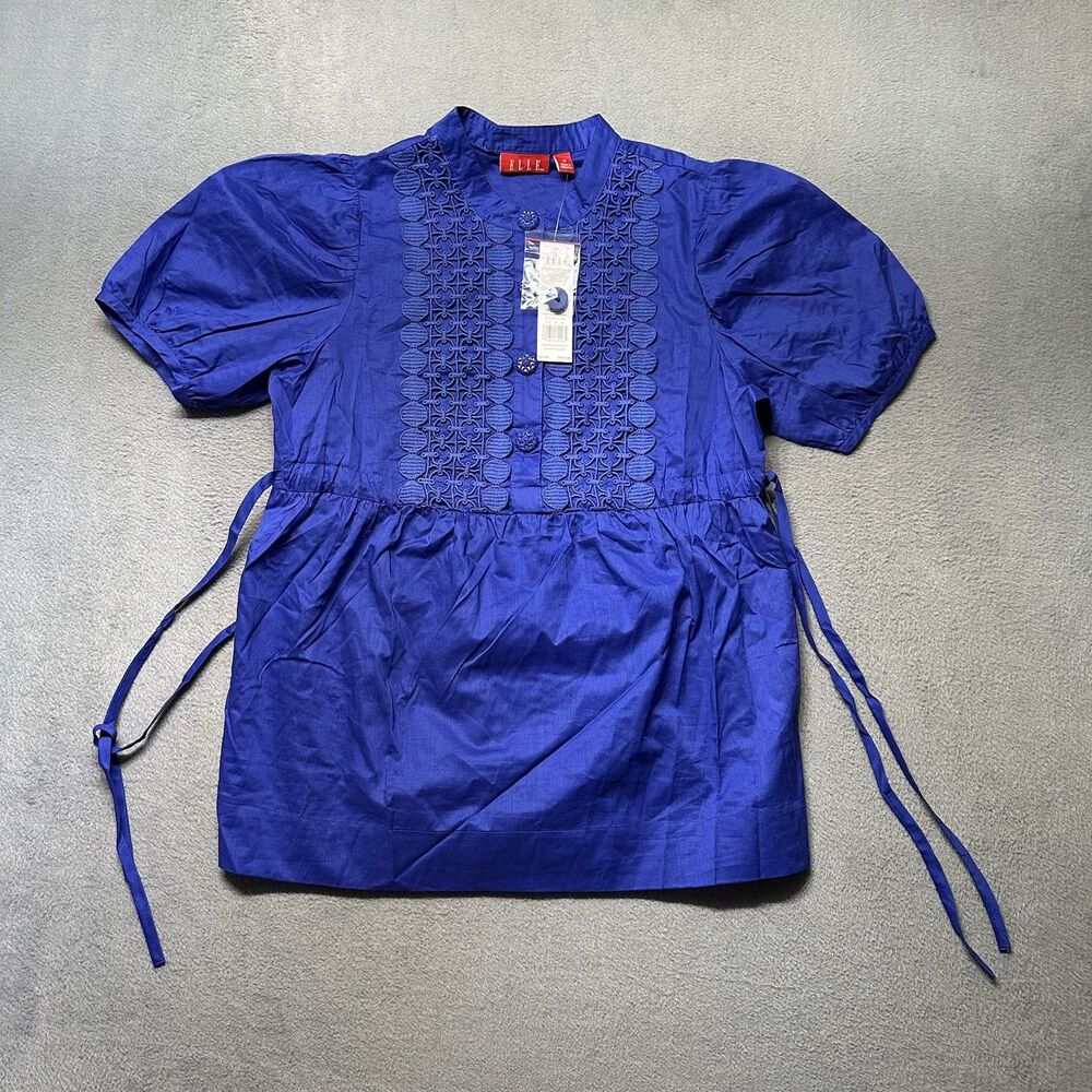 ELLE Womens M Peasant Blouse Blue Embroidered Puff Sleeve Boho Tie Waist NWT